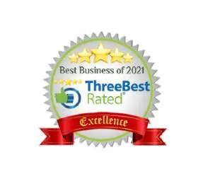 A circular badge for "Best Business of 2021" by ThreeBest Rated, with a red ribbon labeled "Excellence.