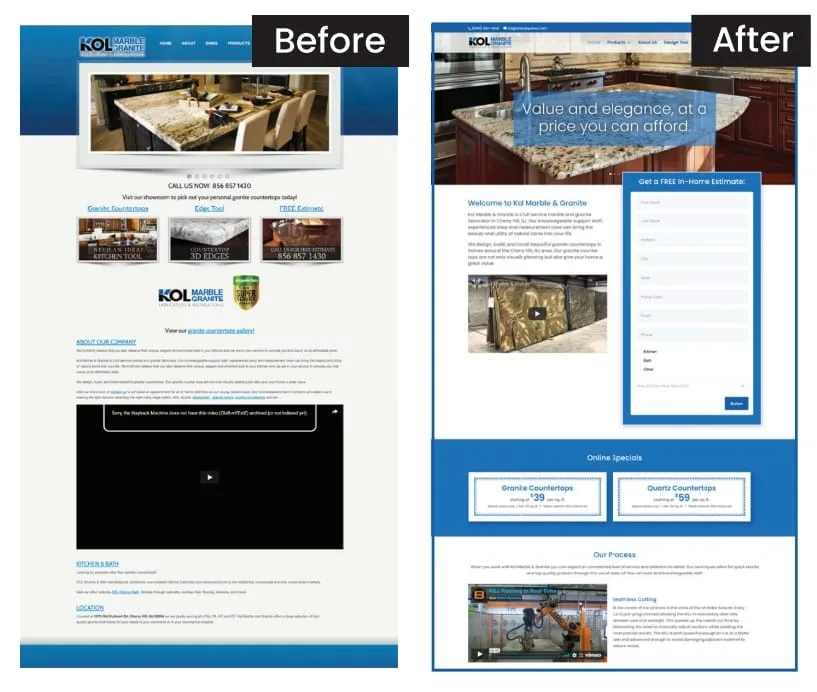Website before and after redesign, showing improved layout, form, and visuals.