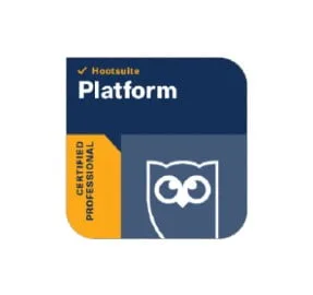 Hootsuite Platform Certified Professional badge with an owl logo on a dark blue and orange background.