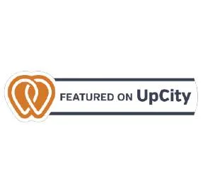 UpCity featured badge with an orange heart logo on the left and text "Featured on UpCity" on the right.