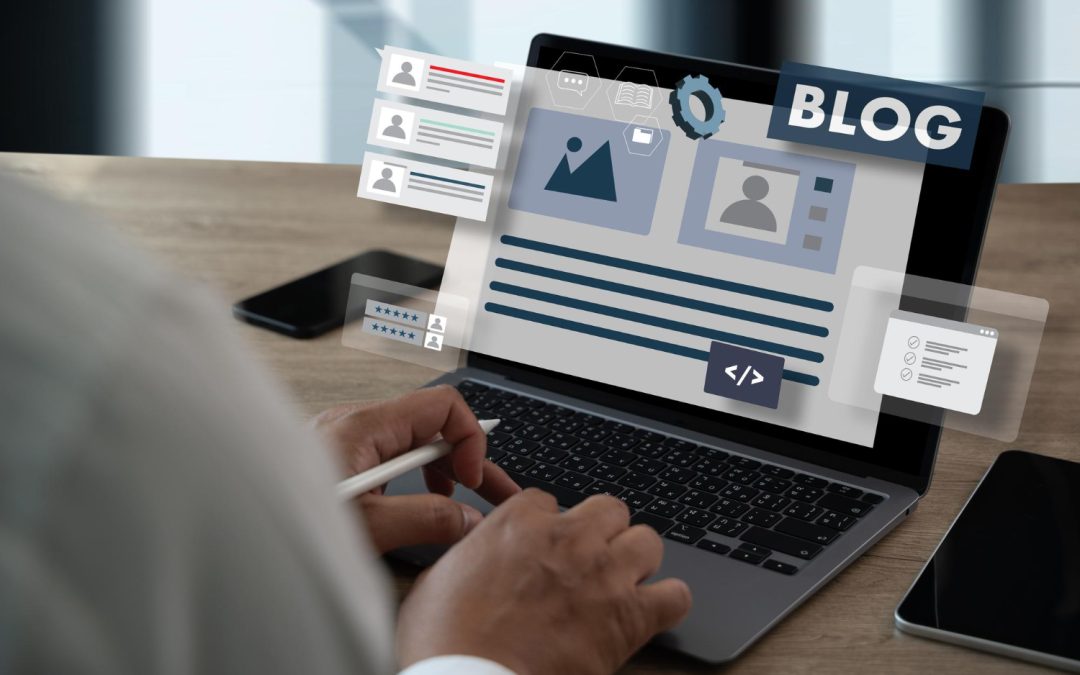 Person using a laptop to write a blog post, with digital blog and coding icons overlaid on the screen.